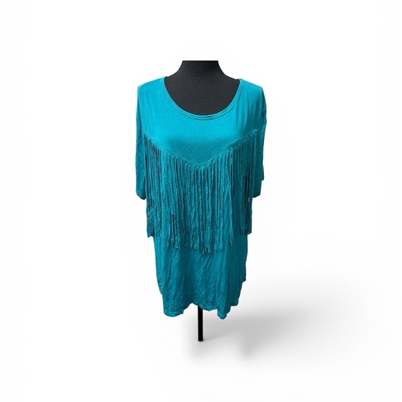 Crazy Train Tops - Crazy Train Teal Fringe Western Boho Top Festival Southwest Tee Size L
